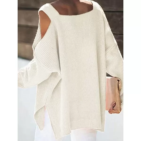 imageCUPSHE Womens Casual Cold Shoulder Sweaters Square Neck Oversized Pullover with Long SleevesBeige
