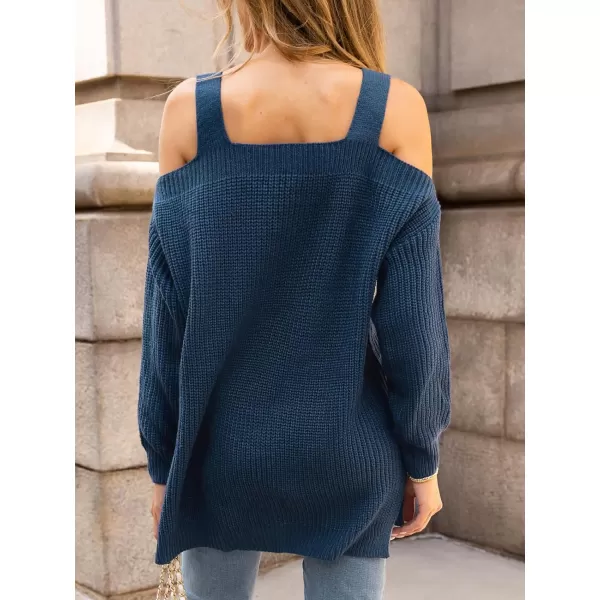 imageCUPSHE Womens Casual Cold Shoulder Sweaters Square Neck Oversized Pullover with Long SleevesBlue