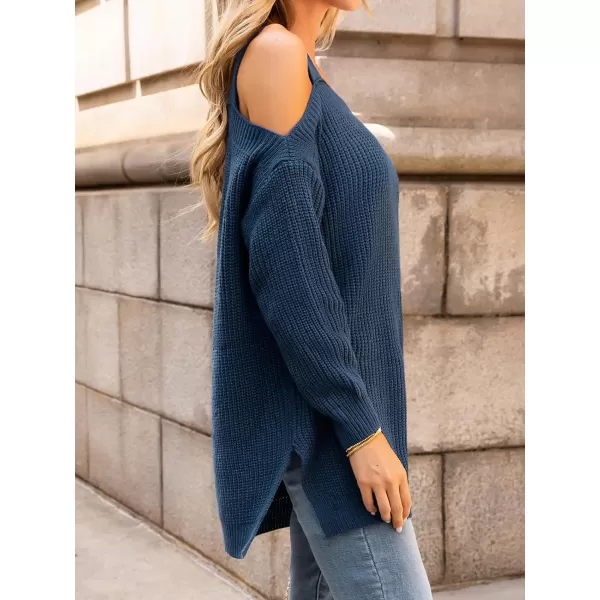 imageCUPSHE Womens Casual Cold Shoulder Sweaters Square Neck Oversized Pullover with Long SleevesBlue