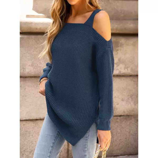 imageCUPSHE Womens Casual Cold Shoulder Sweaters Square Neck Oversized Pullover with Long SleevesBlue