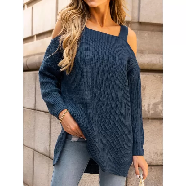 imageCUPSHE Womens Casual Cold Shoulder Sweaters Square Neck Oversized Pullover with Long SleevesBlue