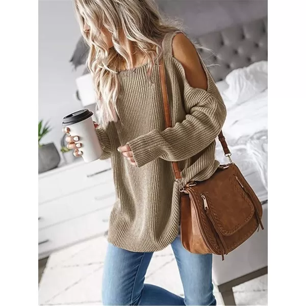 imageCUPSHE Womens Casual Cold Shoulder Sweaters Square Neck Oversized Pullover with Long SleevesKhaki