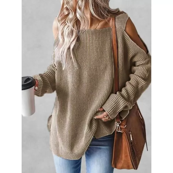 imageCUPSHE Womens Casual Cold Shoulder Sweaters Square Neck Oversized Pullover with Long SleevesKhaki