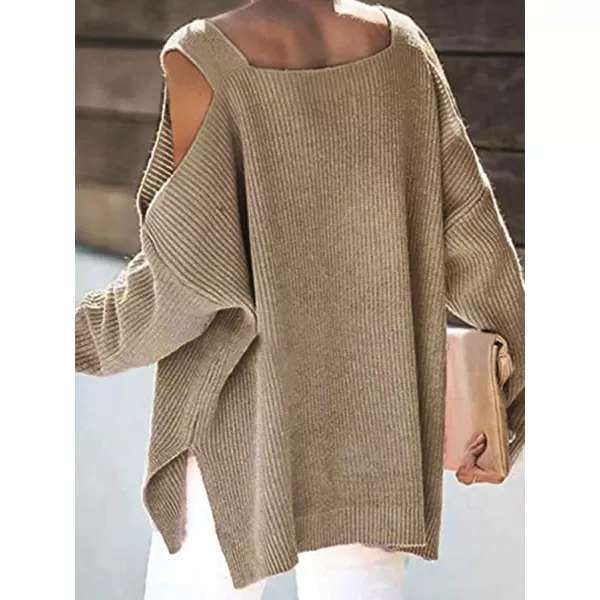 imageCUPSHE Womens Casual Cold Shoulder Sweaters Square Neck Oversized Pullover with Long SleevesKhaki