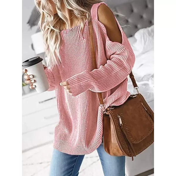 imageCUPSHE Womens Casual Cold Shoulder Sweaters Square Neck Oversized Pullover with Long SleevesPink