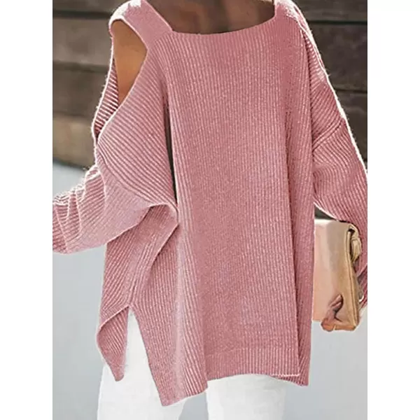 imageCUPSHE Womens Casual Cold Shoulder Sweaters Square Neck Oversized Pullover with Long SleevesPink