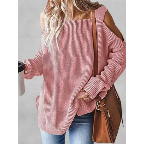 imageCUPSHE Womens Casual Cold Shoulder Sweaters Square Neck Oversized Pullover with Long SleevesPink
