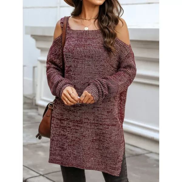 imageCUPSHE Womens Casual Cold Shoulder Sweaters Square Neck Oversized Pullover with Long SleevesWine Red