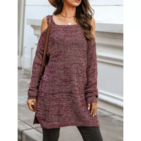 imageCUPSHE Womens Casual Cold Shoulder Sweaters Square Neck Oversized Pullover with Long SleevesWine Red
