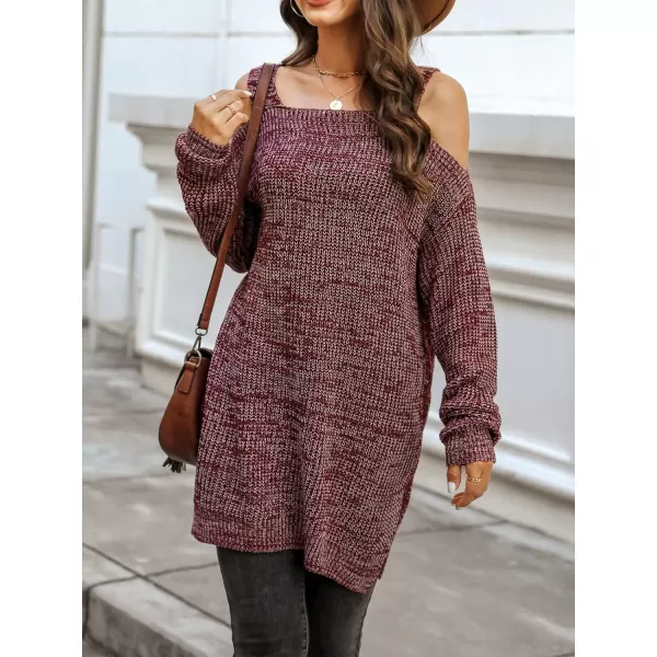 imageCUPSHE Womens Casual Cold Shoulder Sweaters Square Neck Oversized Pullover with Long SleevesWine Red