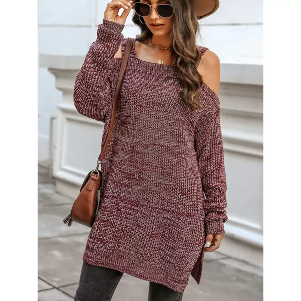 imageCUPSHE Womens Casual Cold Shoulder Sweaters Square Neck Oversized Pullover with Long SleevesWine Red