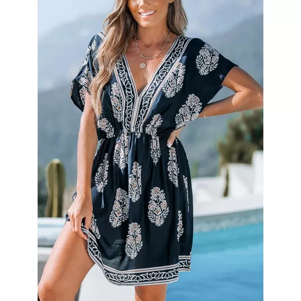 imageCUPSHE Womens Casual Cover Up Sexy V Neck Beachwear Boho Dolman Sleeve Ethnic Dress Swimwear 2024Boho Black