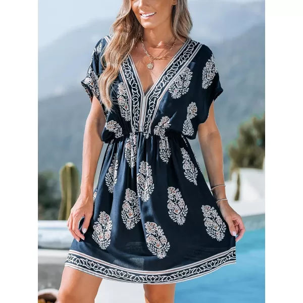 imageCUPSHE Womens Casual Cover Up Sexy V Neck Beachwear Boho Dolman Sleeve Ethnic Dress Swimwear 2024Boho Black