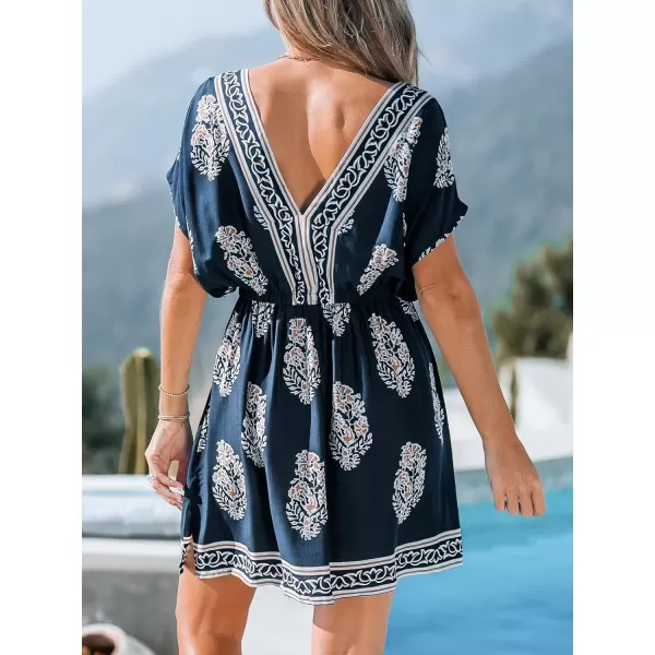 imageCUPSHE Womens Casual Cover Up Sexy V Neck Beachwear Boho Dolman Sleeve Ethnic Dress Swimwear 2024Boho Black