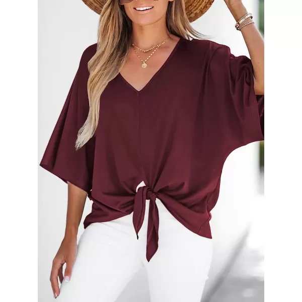 imageCUPSHE Womens Casual Dolman Sleeve TieFront Tops Relaxed fit Blouses TopsWine