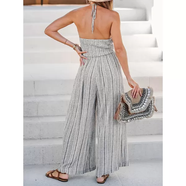 imageCUPSHE Womens Casual Halter Twist Front Summer Jumpsuit Backless Wide Leg Romper with StripesGrey