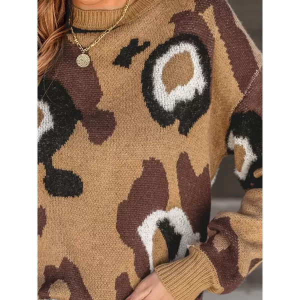 imageCUPSHE Womens Casual Leopard Crew Neck Sweater Long Sleeve Pullover Knitted Fuzzy Jumper TopsBrown