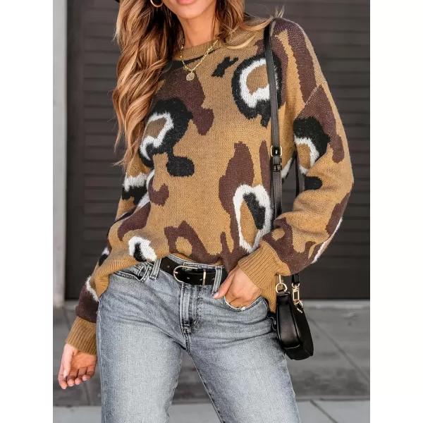 imageCUPSHE Womens Casual Leopard Crew Neck Sweater Long Sleeve Pullover Knitted Fuzzy Jumper TopsBrown