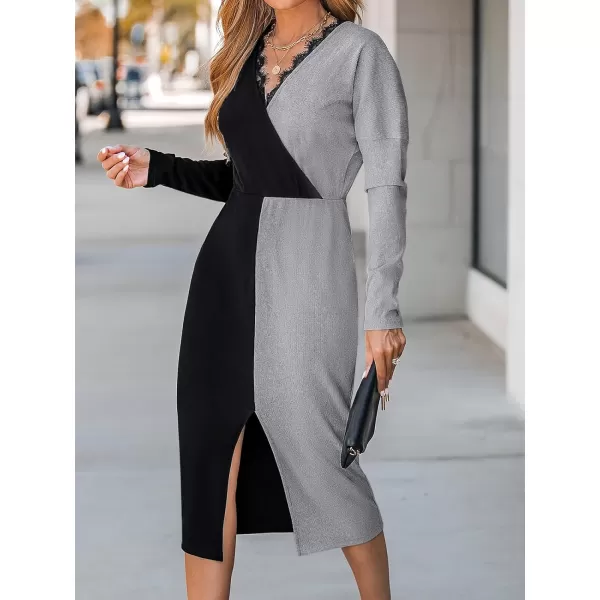 imageCUPSHE Womens Casual Midi Dress Scalloped Lace V Neck TwoTone Long Sleeve Bodycon Slit DressesBlackampgrey
