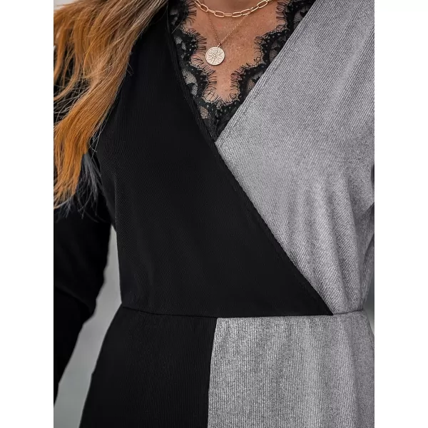 imageCUPSHE Womens Casual Midi Dress Scalloped Lace V Neck TwoTone Long Sleeve Bodycon Slit DressesBlackampgrey