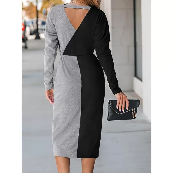imageCUPSHE Womens Casual Midi Dress Scalloped Lace V Neck TwoTone Long Sleeve Bodycon Slit DressesBlackampgrey