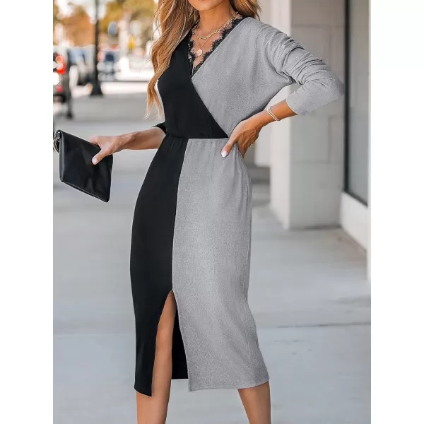 imageCUPSHE Womens Casual Midi Dress Scalloped Lace V Neck TwoTone Long Sleeve Bodycon Slit DressesBlackampgrey