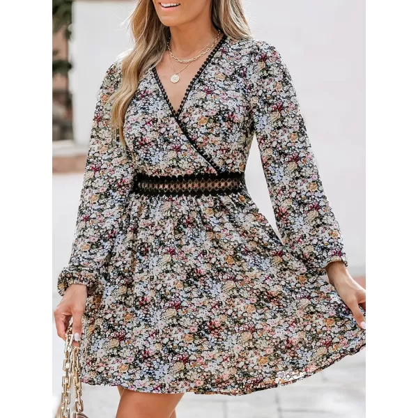 imageCUPSHE Womens Casual Mini Dress Ditsy Floral Pom Pom Lace V Neck Long Sleeve A Line DressesBlack Floral