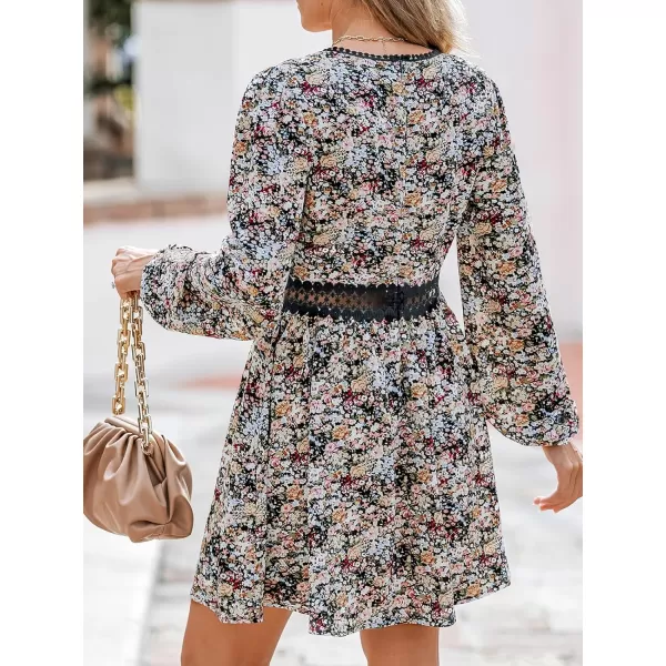 imageCUPSHE Womens Casual Mini Dress Ditsy Floral Pom Pom Lace V Neck Long Sleeve A Line DressesBlack Floral