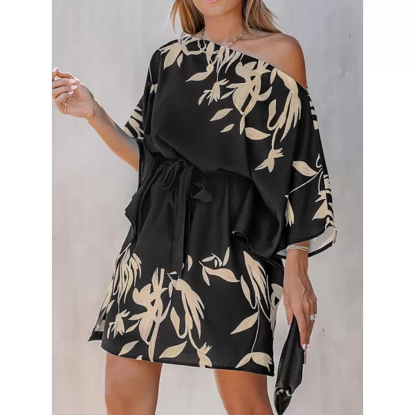 imageCUPSHE Womens Casual Mini Dress Leaf Print 34 Sleeve One Shoulder A Line Short Belted DressesBlack