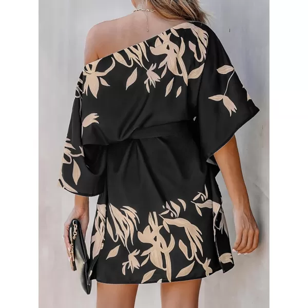 imageCUPSHE Womens Casual Mini Dress Leaf Print 34 Sleeve One Shoulder A Line Short Belted DressesBlack
