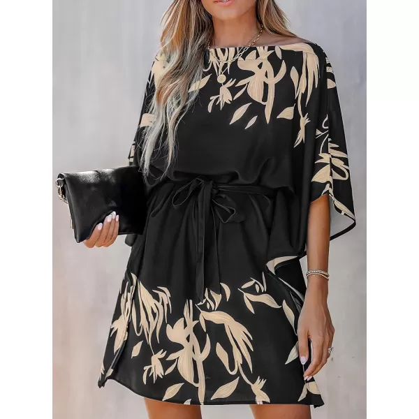 imageCUPSHE Womens Casual Mini Dress Leaf Print 34 Sleeve One Shoulder A Line Short Belted DressesBlack