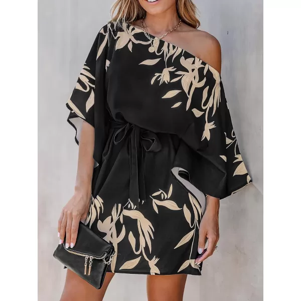 imageCUPSHE Womens Casual Mini Dress Leaf Print 34 Sleeve One Shoulder A Line Short Belted DressesBlack