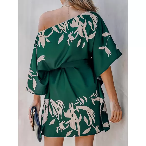 imageCUPSHE Womens Casual Mini Dress Leaf Print 34 Sleeve One Shoulder A Line Short Belted DressesGreen