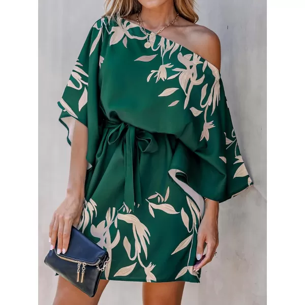 imageCUPSHE Womens Casual Mini Dress Leaf Print 34 Sleeve One Shoulder A Line Short Belted DressesGreen