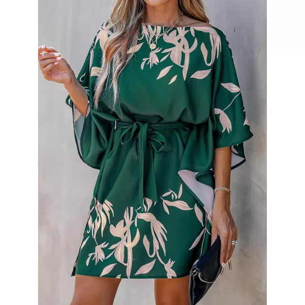 imageCUPSHE Womens Casual Mini Dress Leaf Print 34 Sleeve One Shoulder A Line Short Belted DressesGreen