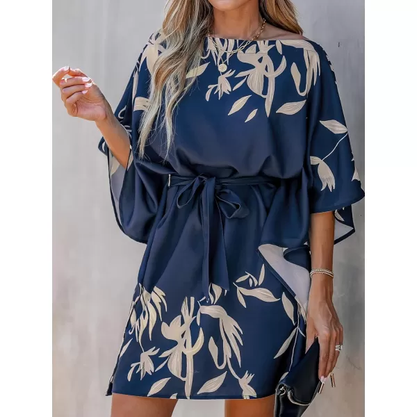 imageCUPSHE Womens Casual Mini Dress Leaf Print 34 Sleeve One Shoulder A Line Short Belted DressesNavy