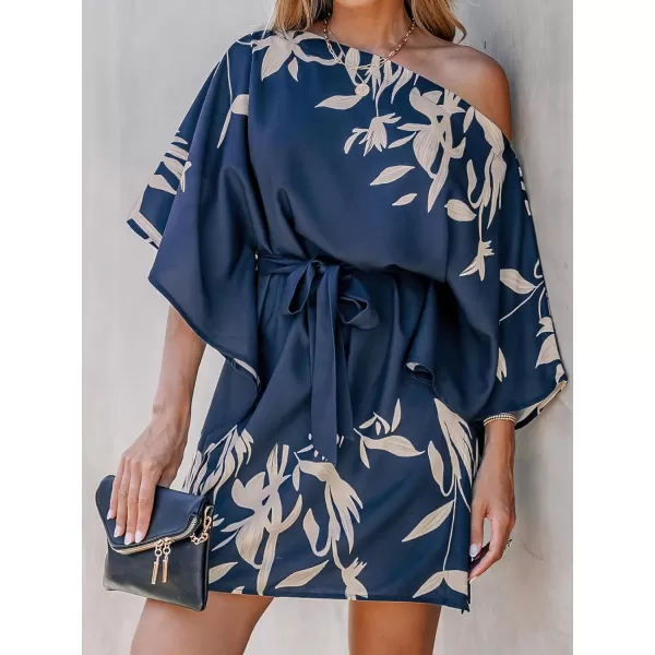imageCUPSHE Womens Casual Mini Dress Leaf Print 34 Sleeve One Shoulder A Line Short Belted DressesNavy