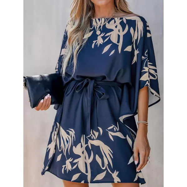 imageCUPSHE Womens Casual Mini Dress Leaf Print 34 Sleeve One Shoulder A Line Short Belted DressesNavy