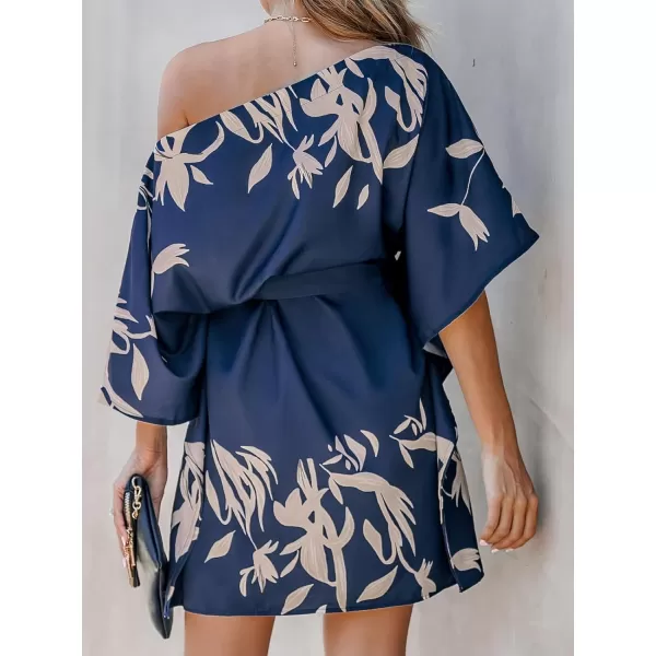 imageCUPSHE Womens Casual Mini Dress Leaf Print 34 Sleeve One Shoulder A Line Short Belted DressesNavy