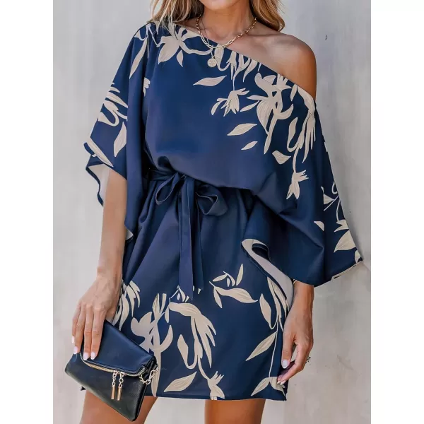imageCUPSHE Womens Casual Mini Dress Leaf Print 34 Sleeve One Shoulder A Line Short Belted DressesNavy