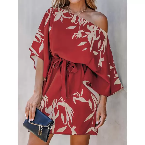 imageCUPSHE Womens Casual Mini Dress Leaf Print 34 Sleeve One Shoulder A Line Short Belted DressesRed