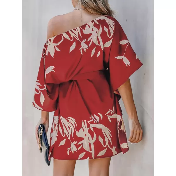imageCUPSHE Womens Casual Mini Dress Leaf Print 34 Sleeve One Shoulder A Line Short Belted DressesRed