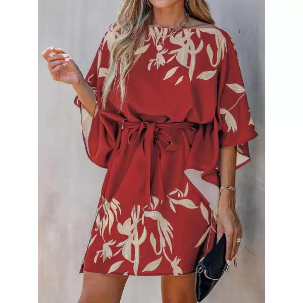 imageCUPSHE Womens Casual Mini Dress Leaf Print 34 Sleeve One Shoulder A Line Short Belted DressesRed
