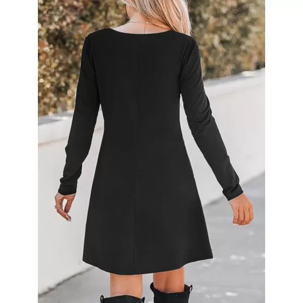 imageCUPSHE Womens Casual Mini Dress Scoop Neck Onyx Long Sleeve Henley Fitted A Line Short Dresses with PocketsBlack