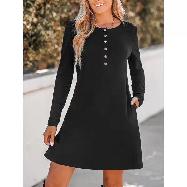imageCUPSHE Womens Casual Mini Dress Scoop Neck Onyx Long Sleeve Henley Fitted A Line Short Dresses with PocketsBlack