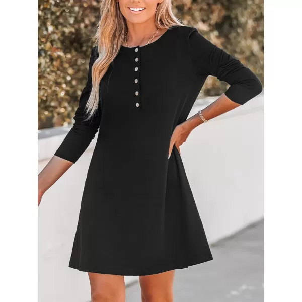 imageCUPSHE Womens Casual Mini Dress Scoop Neck Onyx Long Sleeve Henley Fitted A Line Short Dresses with PocketsBlack
