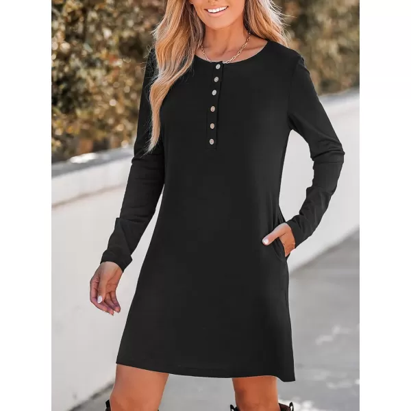 imageCUPSHE Womens Casual Mini Dress Scoop Neck Onyx Long Sleeve Henley Fitted A Line Short Dresses with PocketsBlack