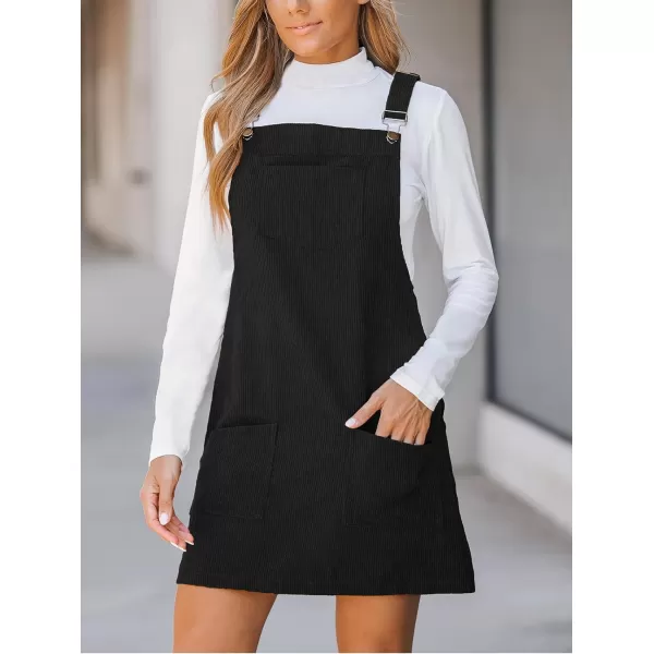 imageCUPSHE Womens Casual Mini Dress Square Neck Corduroy Solid Pocket Front Wide Straps Short Overall DressesBlack