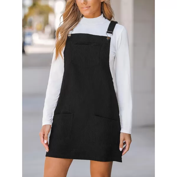imageCUPSHE Womens Casual Mini Dress Square Neck Corduroy Solid Pocket Front Wide Straps Short Overall DressesBlack