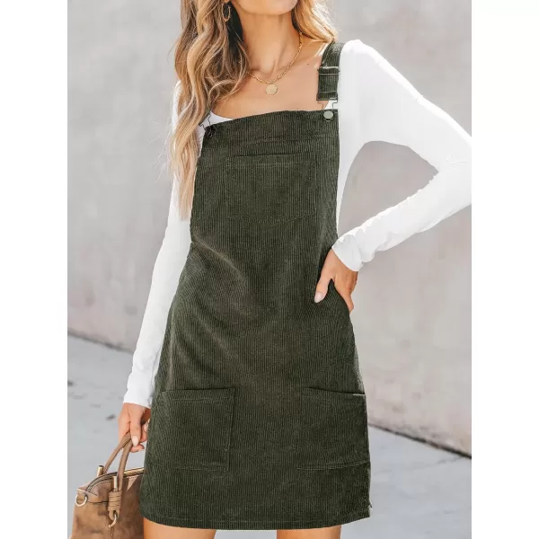 imageCUPSHE Womens Casual Mini Dress Square Neck Corduroy Solid Pocket Front Wide Straps Short Overall DressesOlive Green